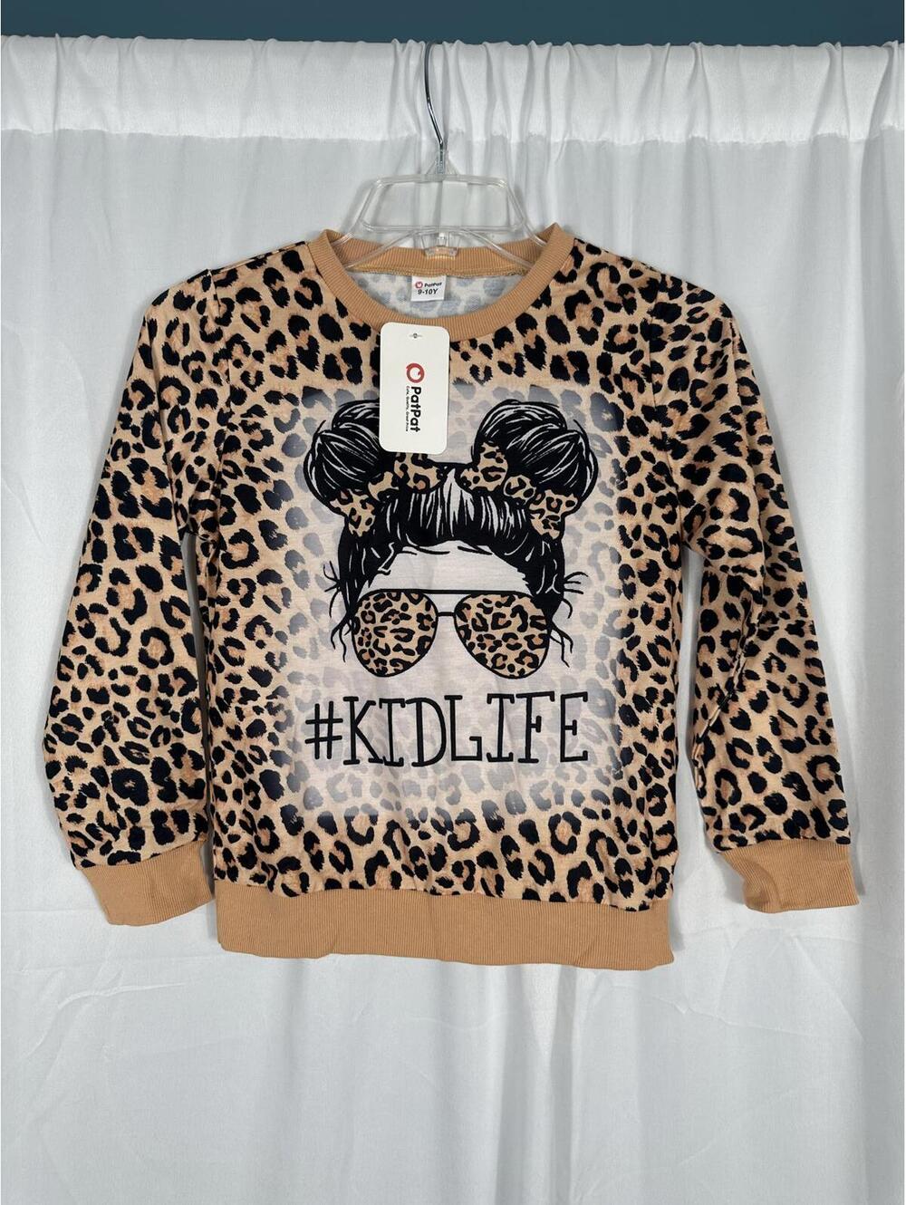 PatPat Girls' Leopard Print Sweatshirt with #KIDLIFE Graphic, Size 9-10Y